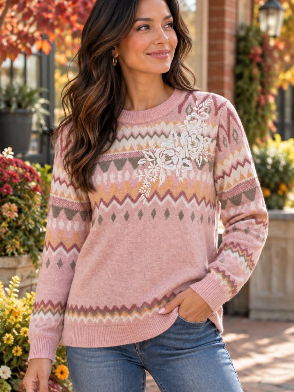 NWT Alfred Dunner Pink Fair Isle Floral Embroidered Sweater Medium